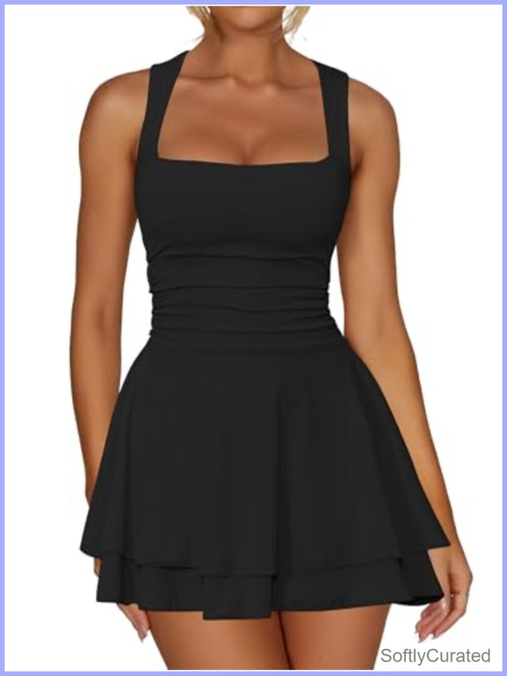 Square Neck Ruffle Hem Ruched Waist Mini Club Party Dress